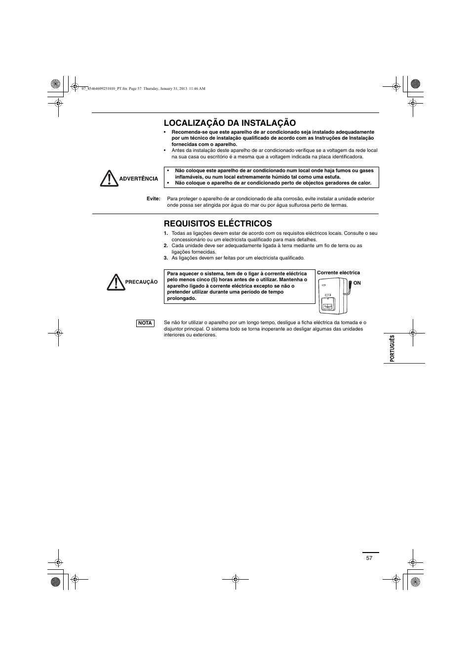 Localização da instalação, Requisitos eléctricos | Panasonic S224ME1E5A User Manual | Page 57 / 88