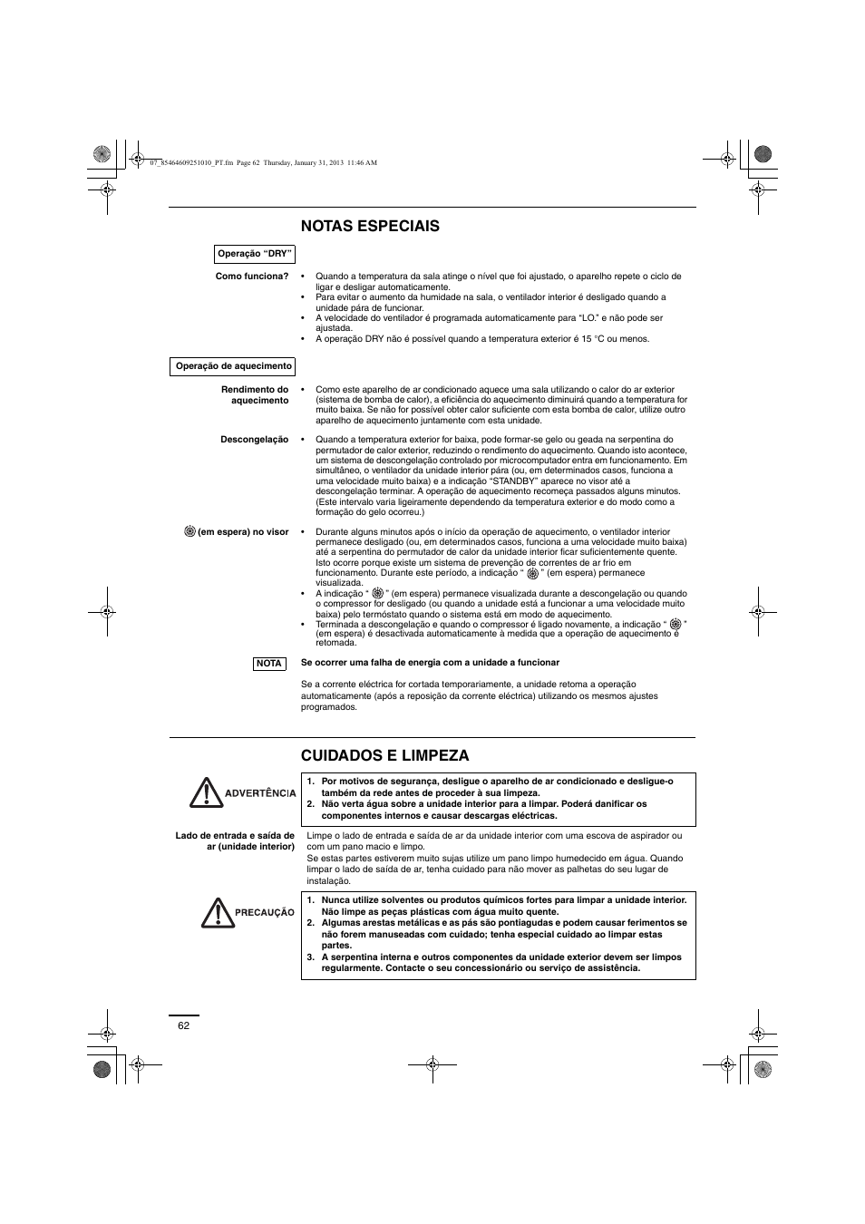 Notas especiais cuidados e limpeza | Panasonic S224ME1E5A User Manual | Page 62 / 88