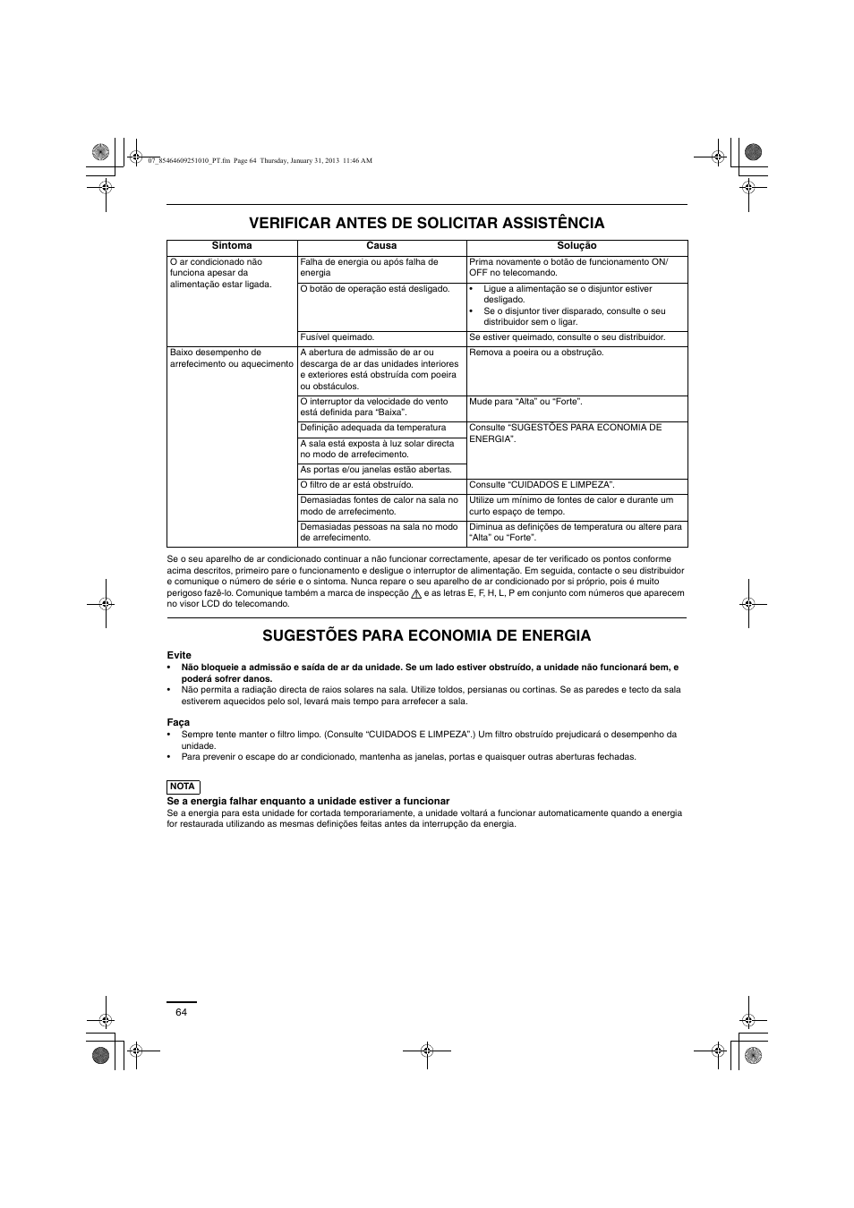 Verificar antes de solicitar assistência, Sugestões para economia de energia | Panasonic S224ME1E5A User Manual | Page 64 / 88