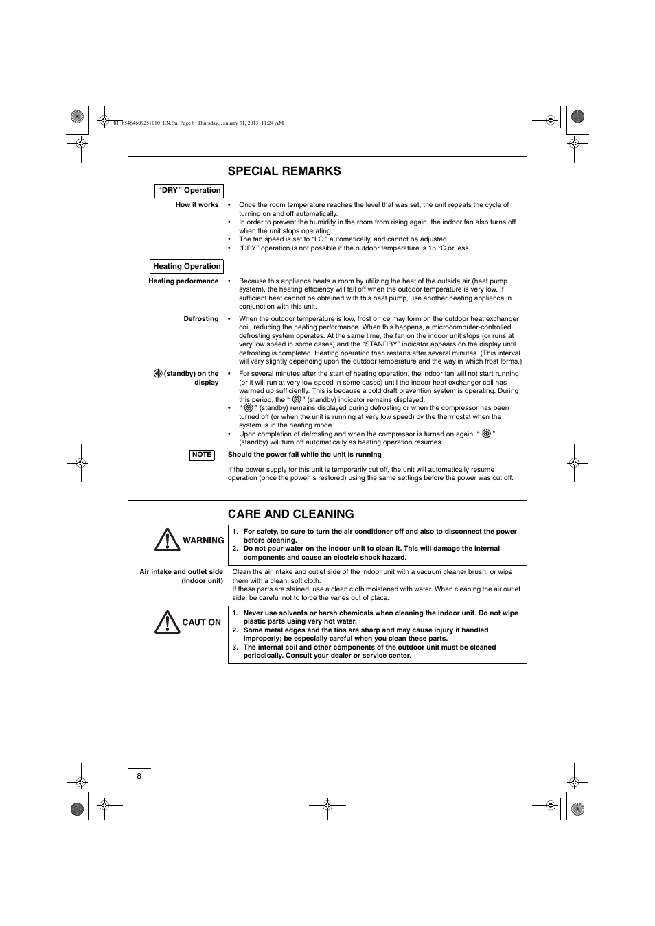 Special remarks care and cleaning | Panasonic S224ME1E5A User Manual | Page 8 / 88