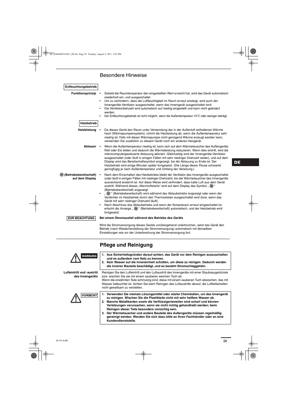 Besondere hinweise pflege und reinigung | Panasonic U5LE1E5 User Manual | Page 10 / 21