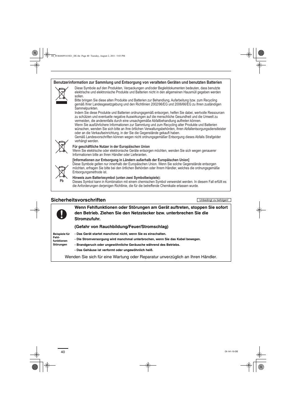Sicherheitsvorschriften | Panasonic U5LE1E5 User Manual | Page 11 / 21