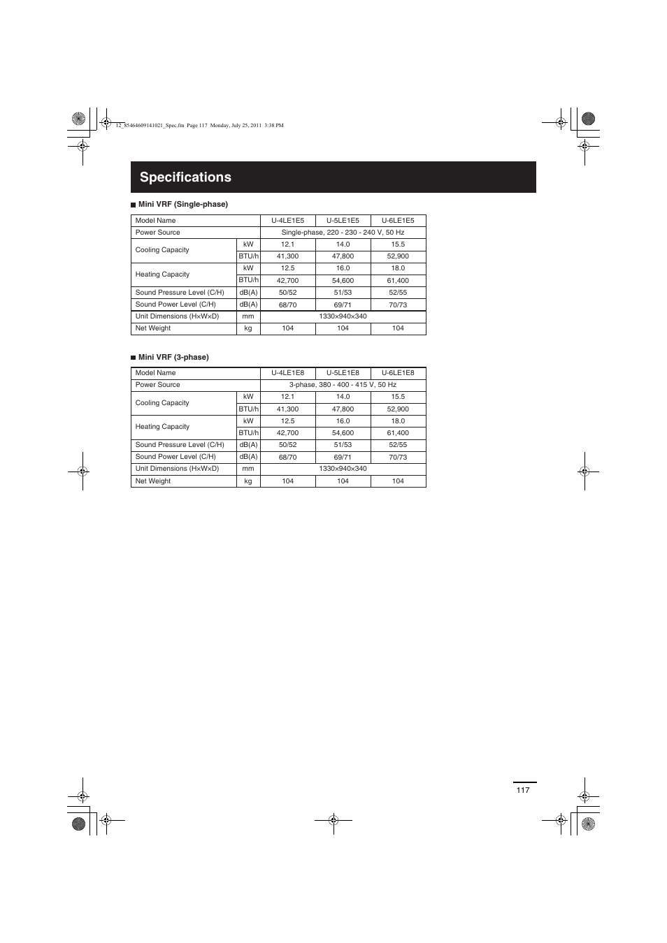 Specifications | Panasonic U5LE1E5 User Manual | Page 17 / 21