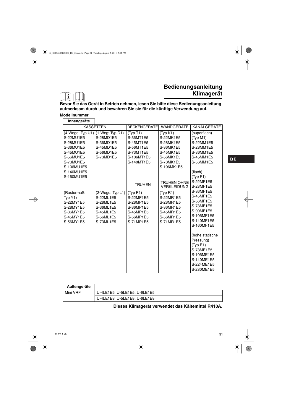 Bedienungsanleitung klimagerät | Panasonic U5LE1E5 User Manual | Page 2 / 21