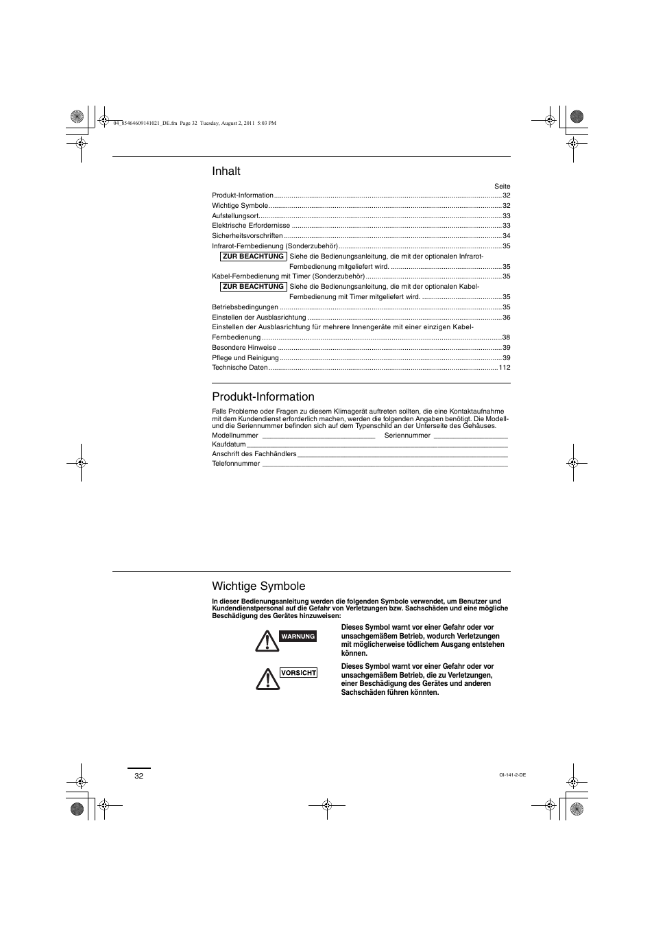 Inhalt, Produkt-information, Wichtige symbole | Panasonic U5LE1E5 User Manual | Page 3 / 21