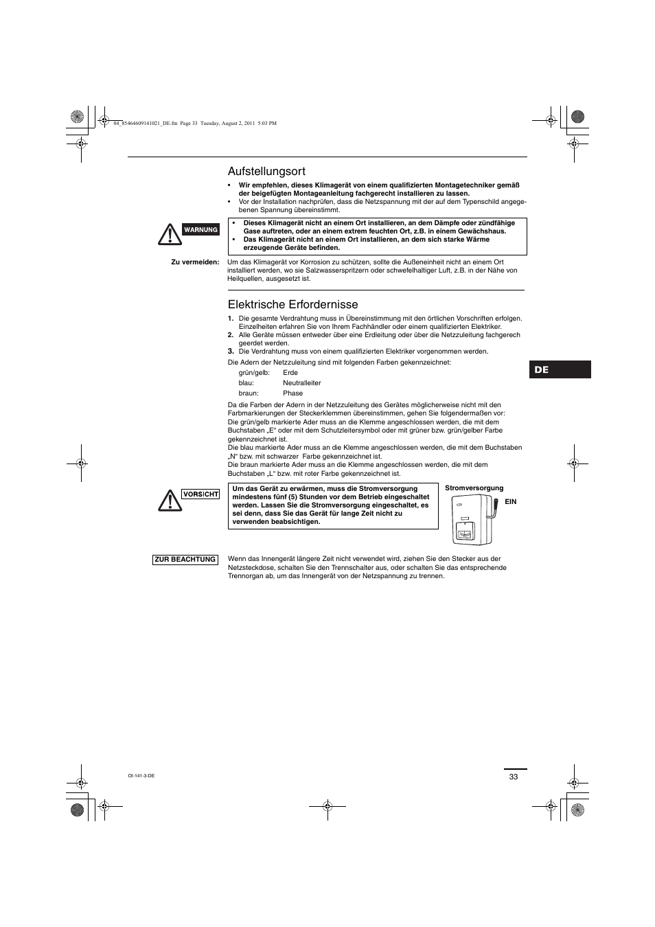 Aufstellungsort, Elektrische erfordernisse | Panasonic U5LE1E5 User Manual | Page 4 / 21