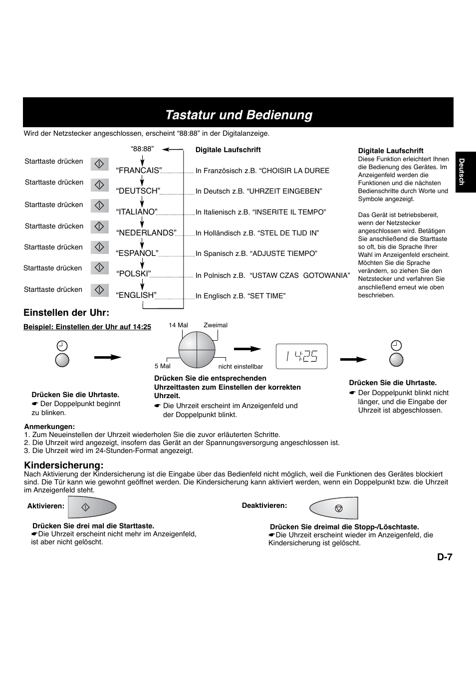 Tastatur und bedienung, Einstellen der uhr, Kindersicherung | Panasonic NNCT756 User Manual | Page 10 / 23