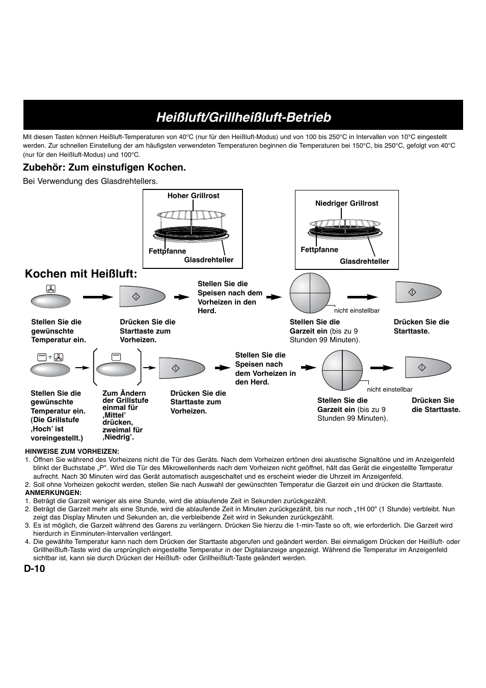 Heißluft/grillheißluft-betrieb, Kochen mit heißluft, D-10 | Zubehör: zum einstufigen kochen | Panasonic NNCT756 User Manual | Page 13 / 23