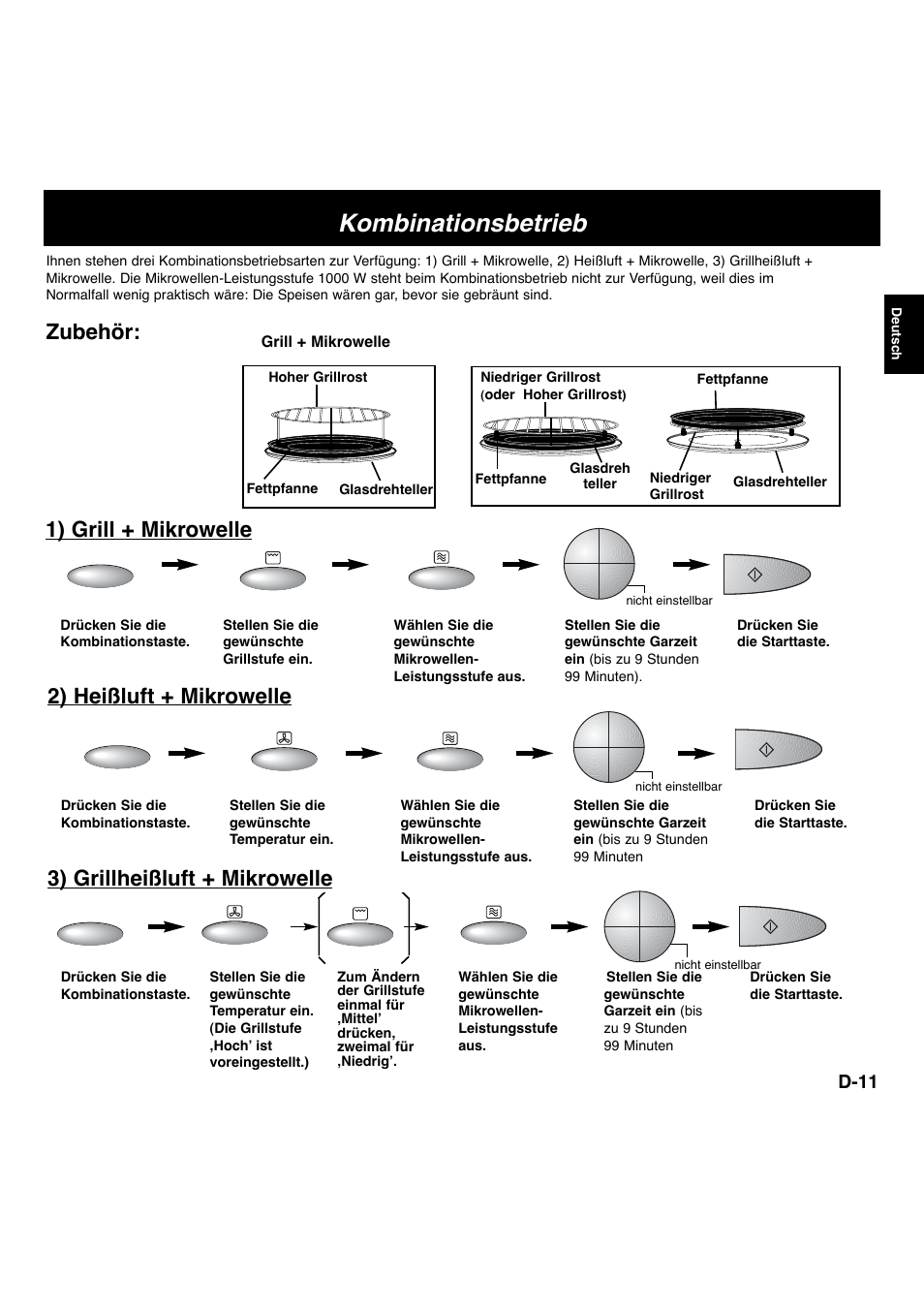 Kombinationsbetrieb, 1) grill + mikrowelle, 2) heißluft + mikrowelle | 3) grillheißluft + mikrowelle, Zubehör, D-11 | Panasonic NNCT756 User Manual | Page 14 / 23