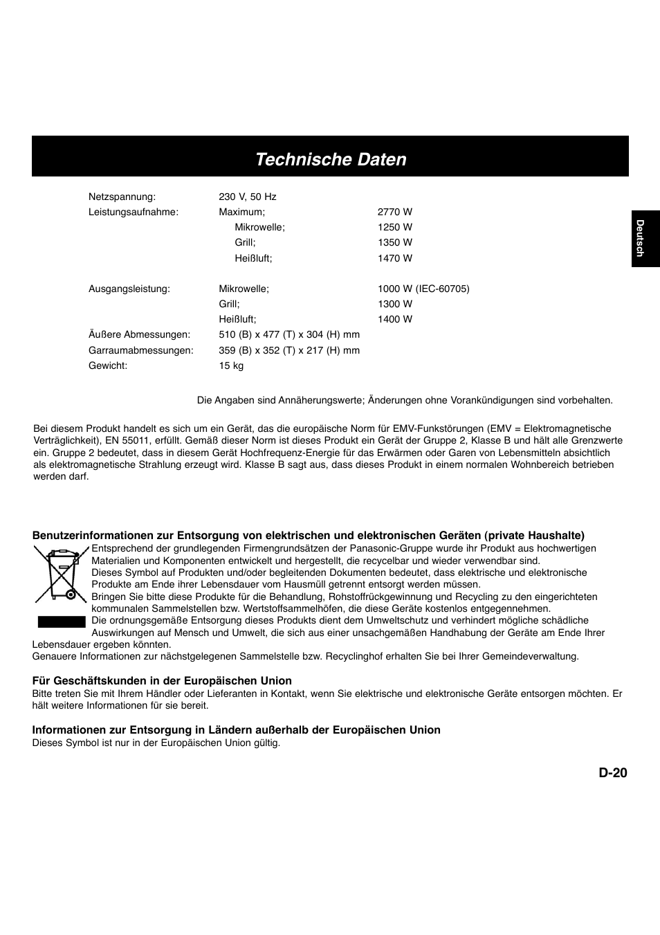 Technische daten, D-20 | Panasonic NNCT756 User Manual | Page 23 / 23