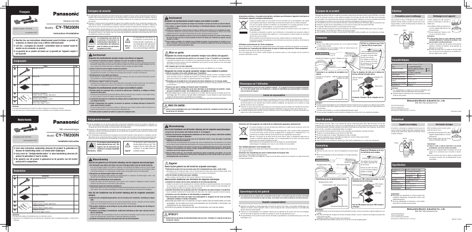 Cy-tm200n, Français, Nederlands | Avertissement, Mise en garde, Remarques sur l'utilisation à propos de ce produit, Entretien, Caractéristiques, Modèle, Composants | Panasonic CYTM200N User Manual | Page 2 / 2
