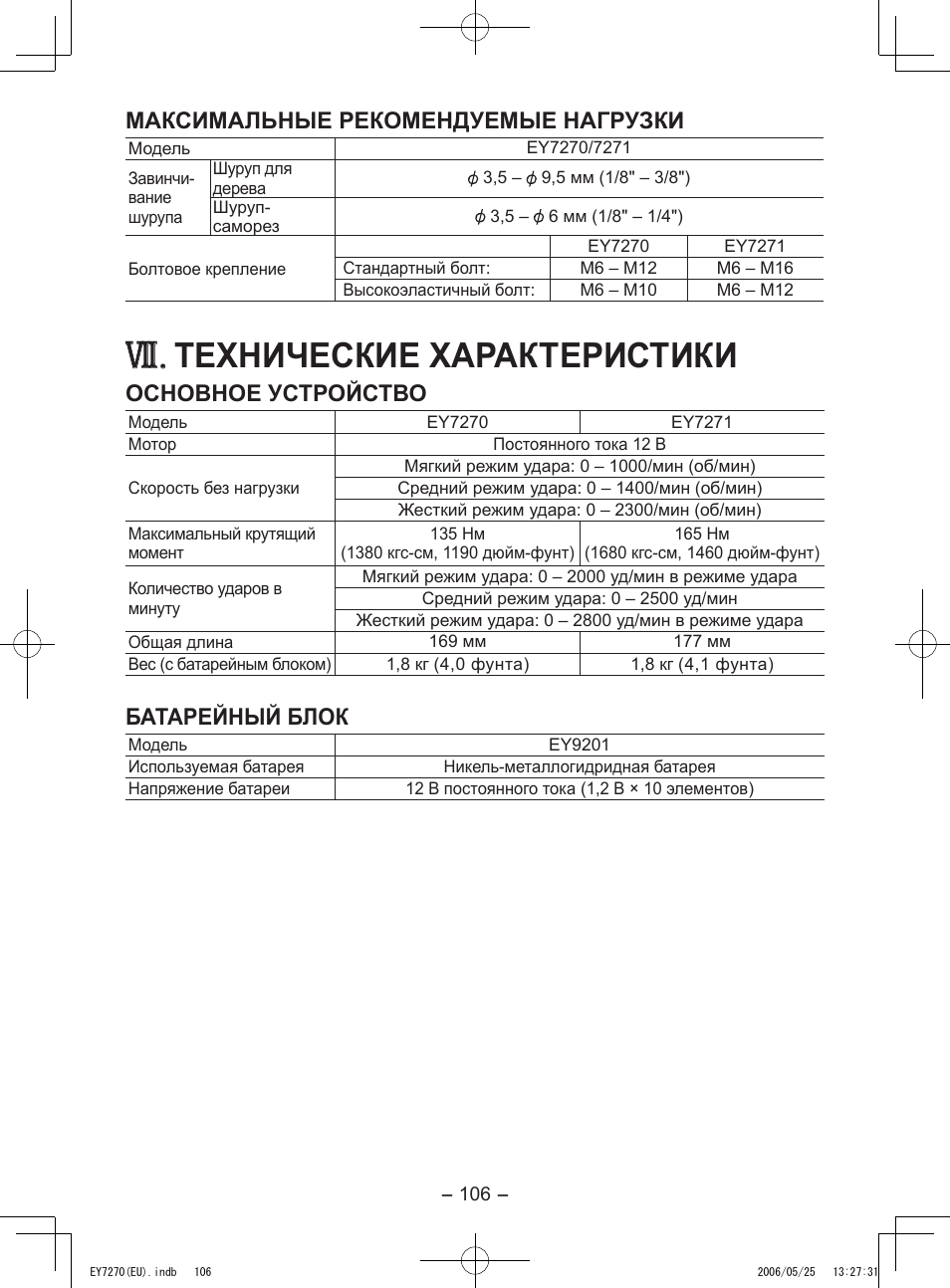 Технические характеристики, Максимальные рекомендуемые нагрузки, Основное устройство | Батарейный блок | Panasonic EY7270 User Manual | Page 106 / 120