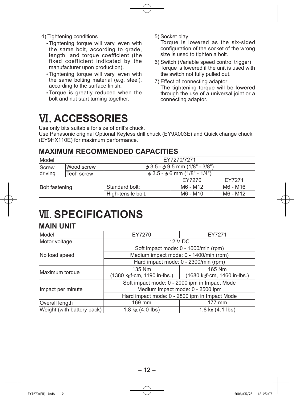 Accessories, Specifications, Maximum recommended capacities | Main unit | Panasonic EY7270 User Manual | Page 12 / 120