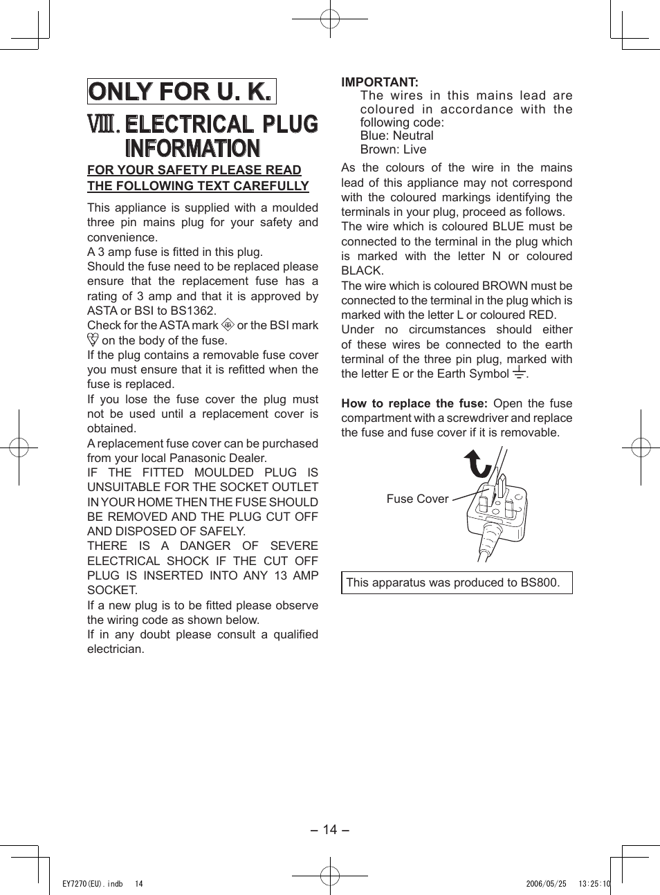 Viii, Only for u. k, Electrical plug information | Panasonic EY7270 User Manual | Page 14 / 120