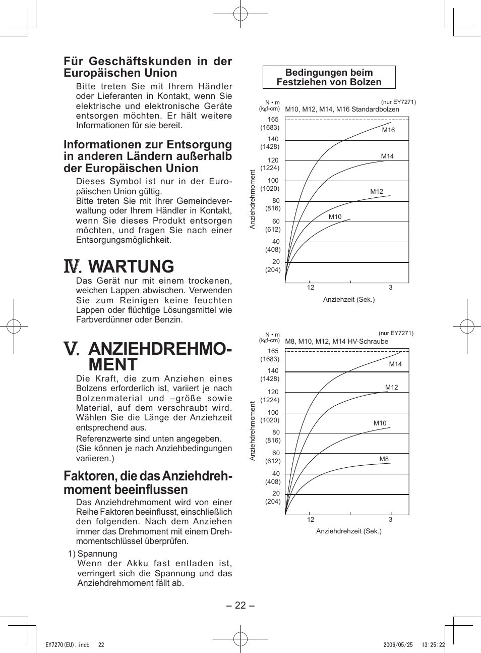 Wartung, Anziehdrehmo- ment, Faktoren, die das anziehdreh- moment beeinflussen | Für geschäftskunden in der europäischen union | Panasonic EY7270 User Manual | Page 22 / 120