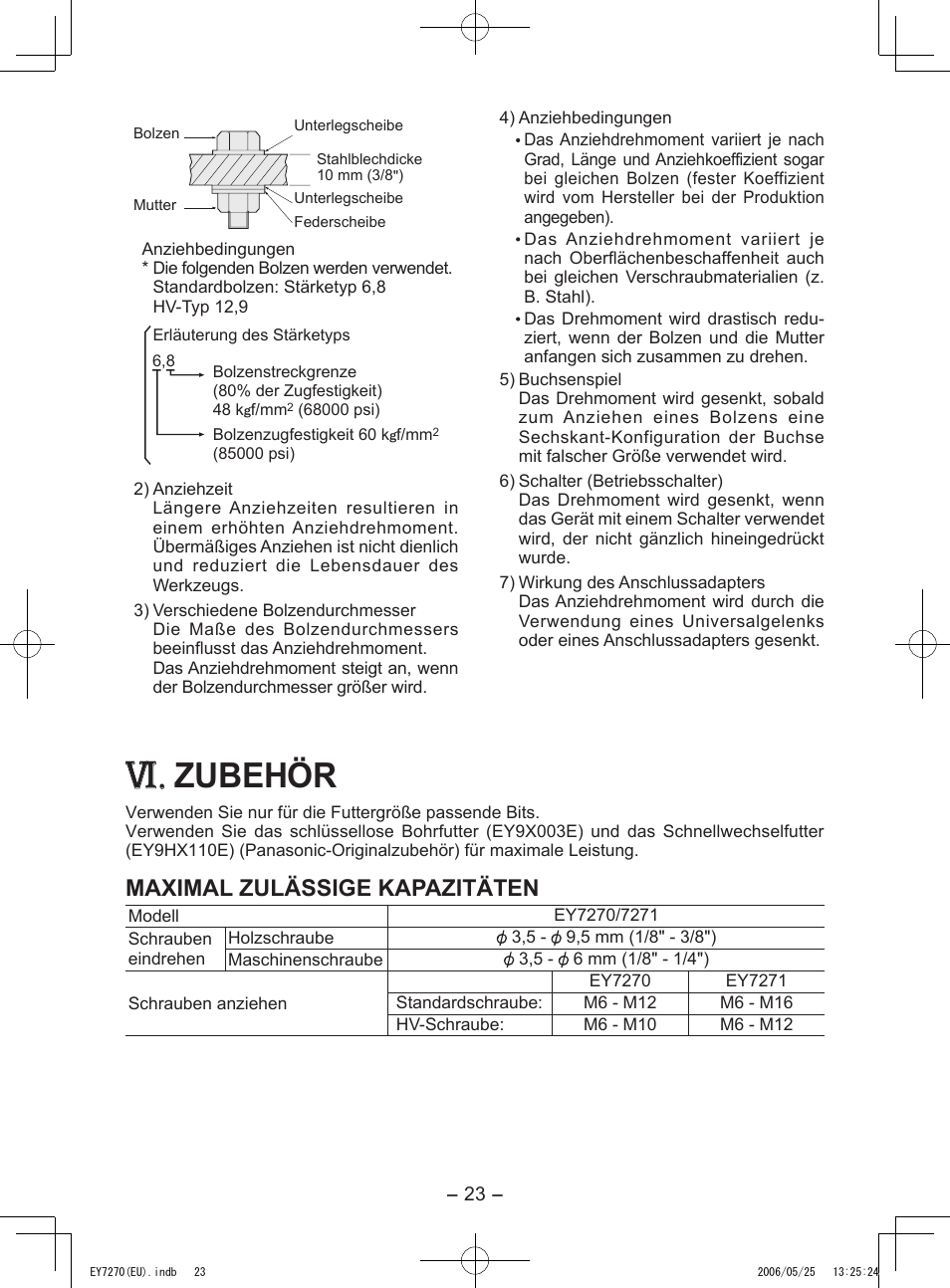 Zubehör, Maximal zulässige kapazitäten | Panasonic EY7270 User Manual | Page 23 / 120