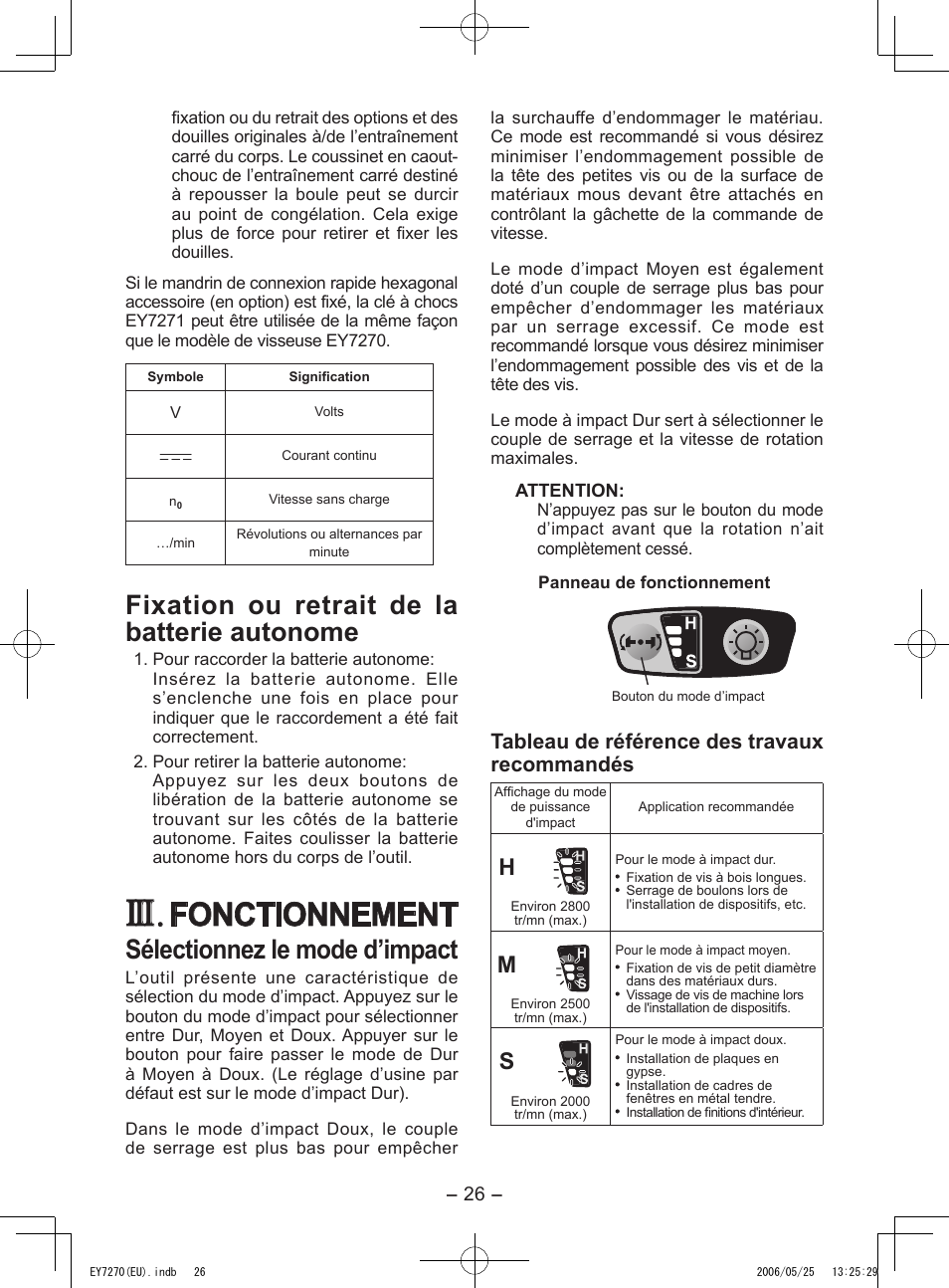 Fonctionnement, Fixation ou retrait de la batterie autonome, Sélectionnez le mode d’impact | Tableau de référence des travaux recommandés | Panasonic EY7270 User Manual | Page 26 / 120