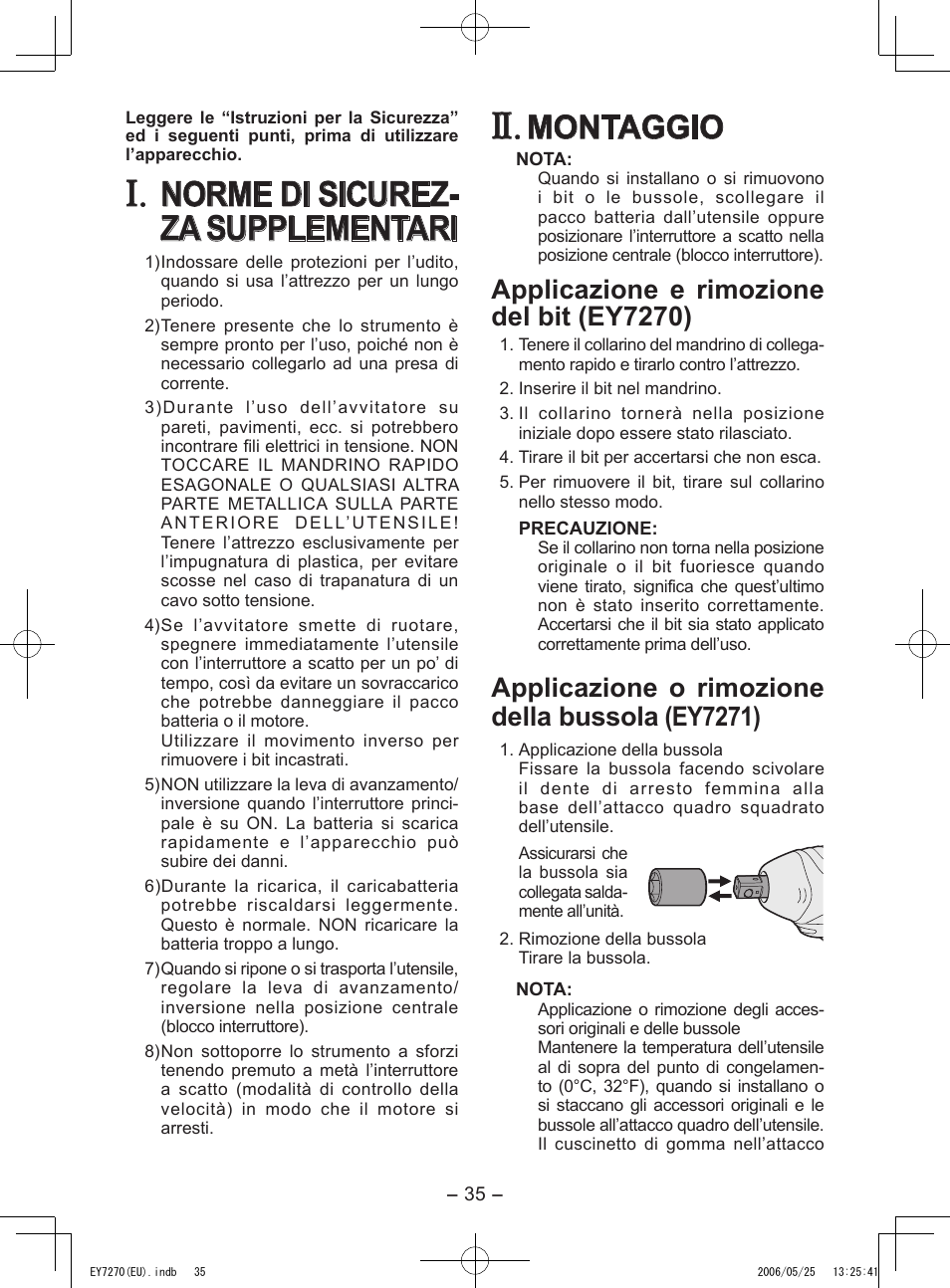 Norme di sicurez- za supplementari, Montaggio, Applicazione e rimozione del bit (ey7270) | Applicazione o rimozione della bussola (ey7271) | Panasonic EY7270 User Manual | Page 35 / 120