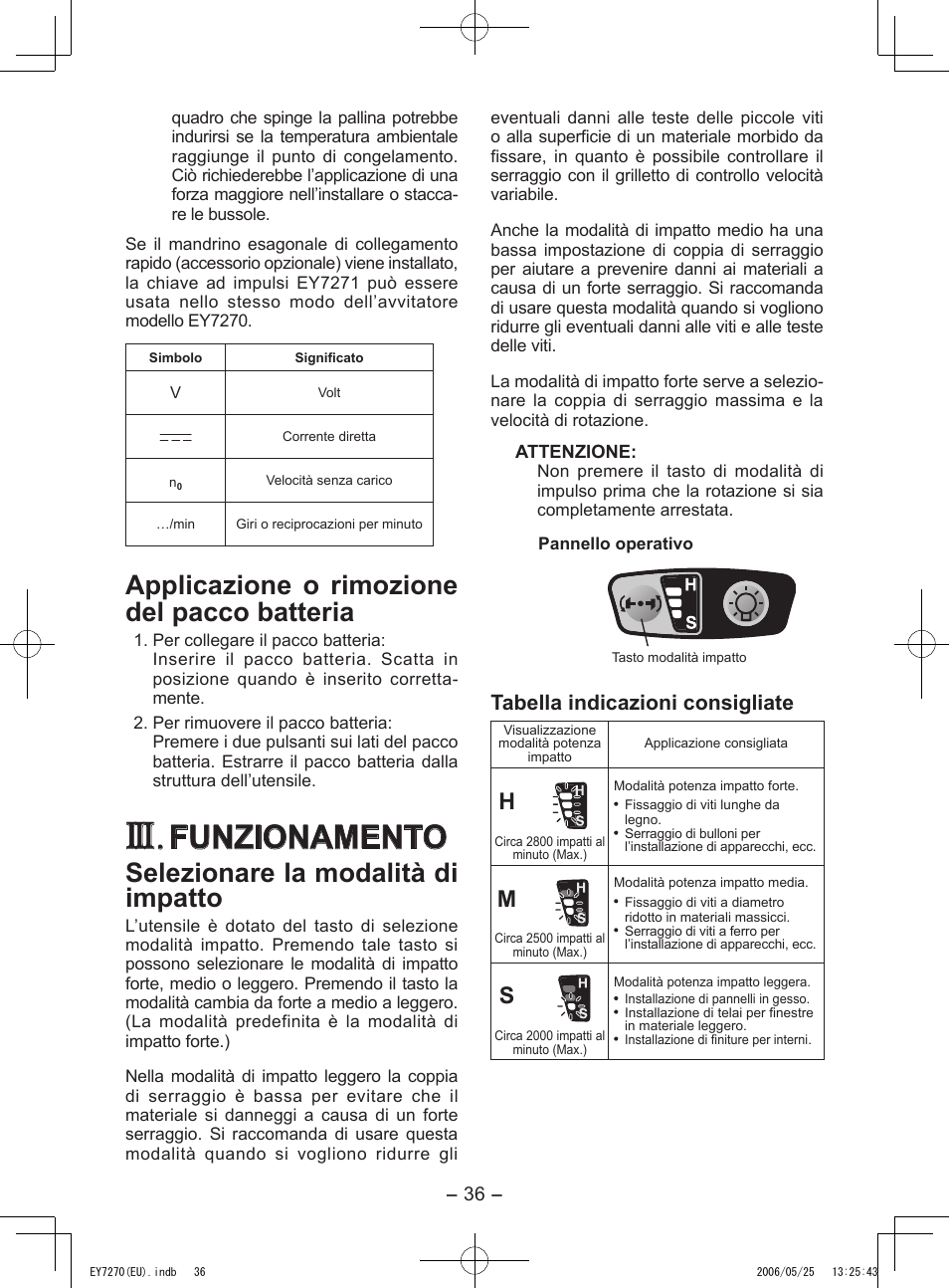 Funzionamento, Applicazione o rimozione del pacco batteria, Selezionare la modalità di impatto | Tabella indicazioni consigliate | Panasonic EY7270 User Manual | Page 36 / 120