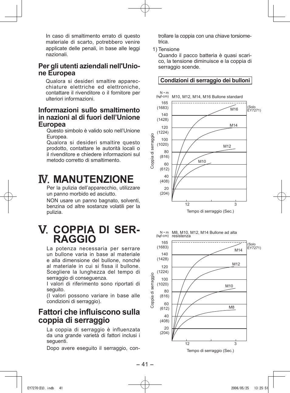 Manutenzione, Coppia di ser- raggio, Fattori che influiscono sulla coppia di serraggio | Per gli utenti aziendali nell'unio- ne europea | Panasonic EY7270 User Manual | Page 41 / 120