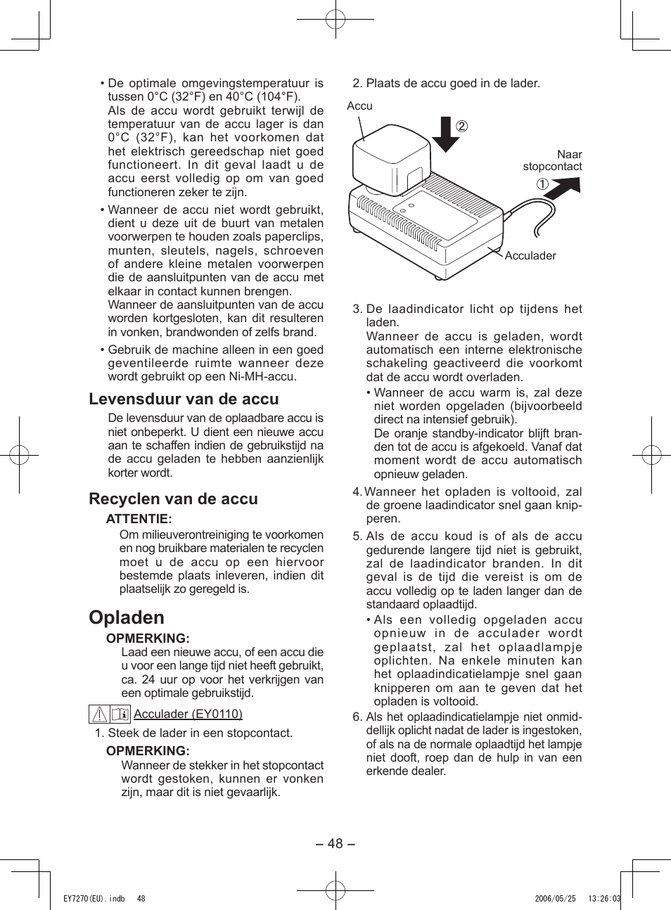 Opladen, Levensduur van de accu, Recyclen van de accu | Panasonic EY7270 User Manual | Page 48 / 120