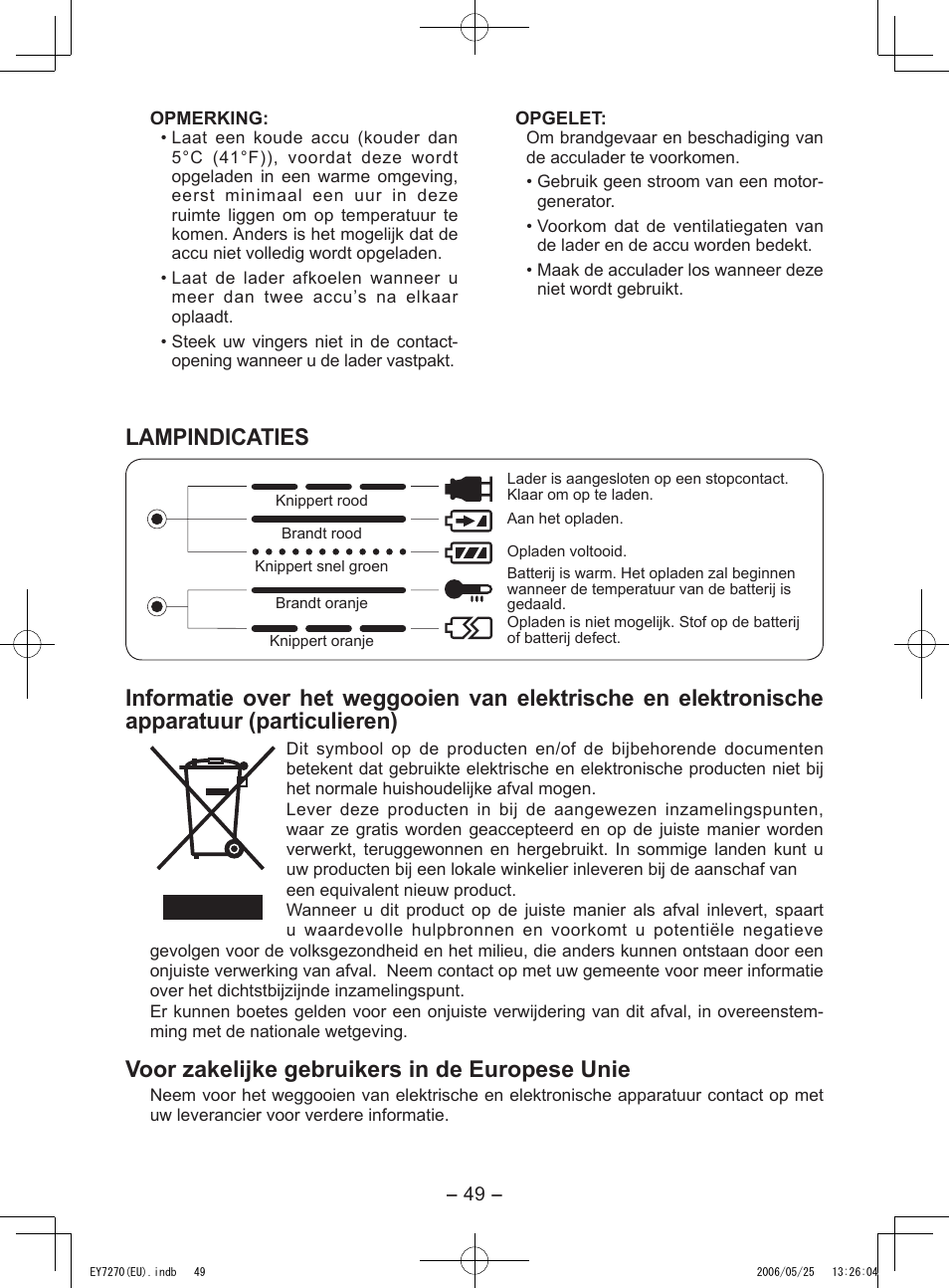 Lampindicaties, Voor zakelijke gebruikers in de europese unie | Panasonic EY7270 User Manual | Page 49 / 120