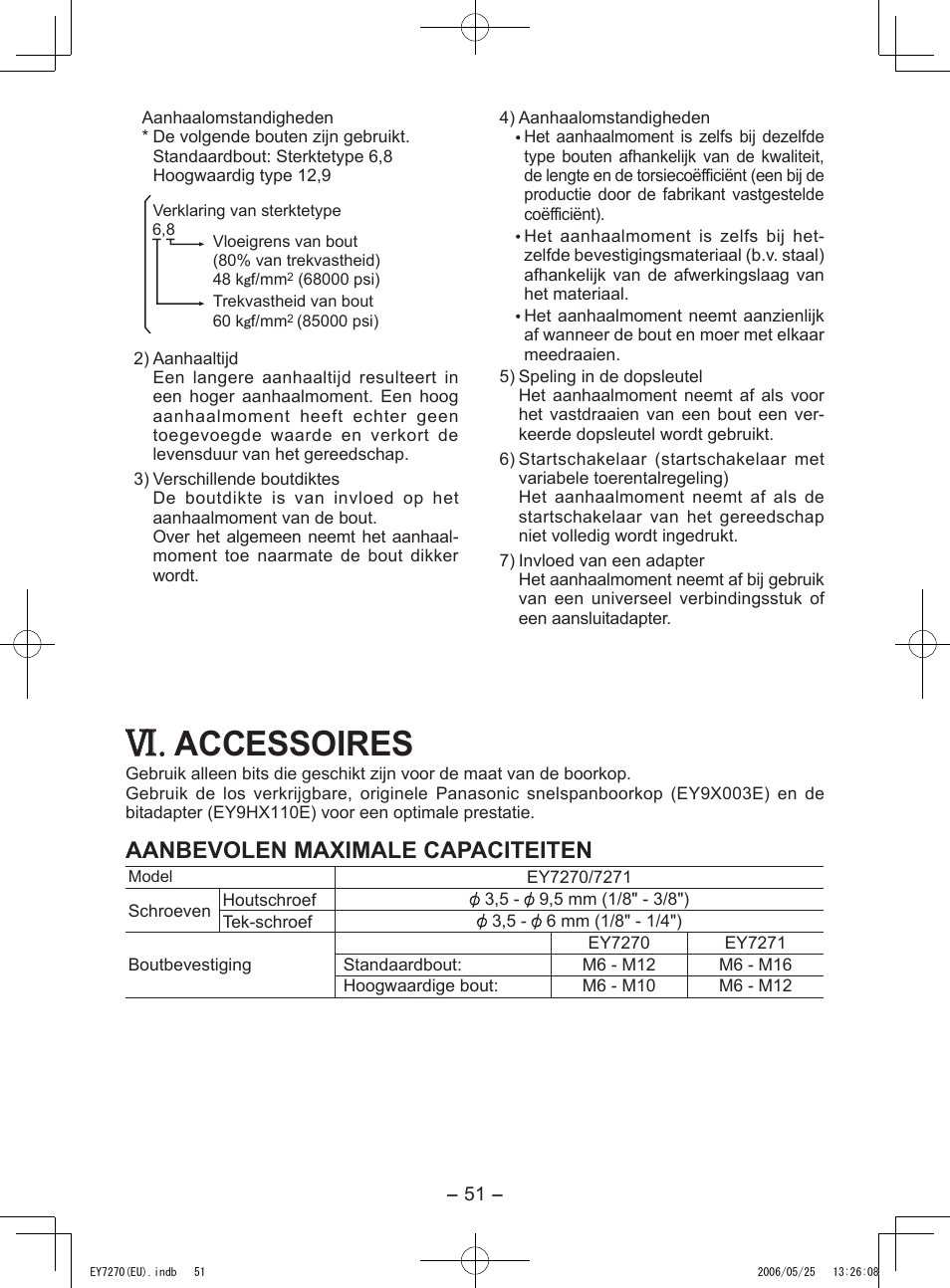 Accessoires, Aanbevolen maximale capaciteiten | Panasonic EY7270 User Manual | Page 51 / 120