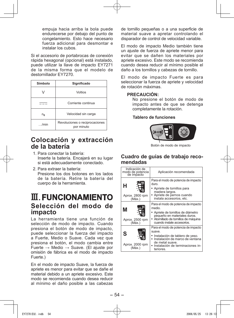 Funcionamiento, Colocación y extracción de la batería, Selección del modo de impacto | Cuadro de guías de trabajo reco- mendadas | Panasonic EY7270 User Manual | Page 54 / 120