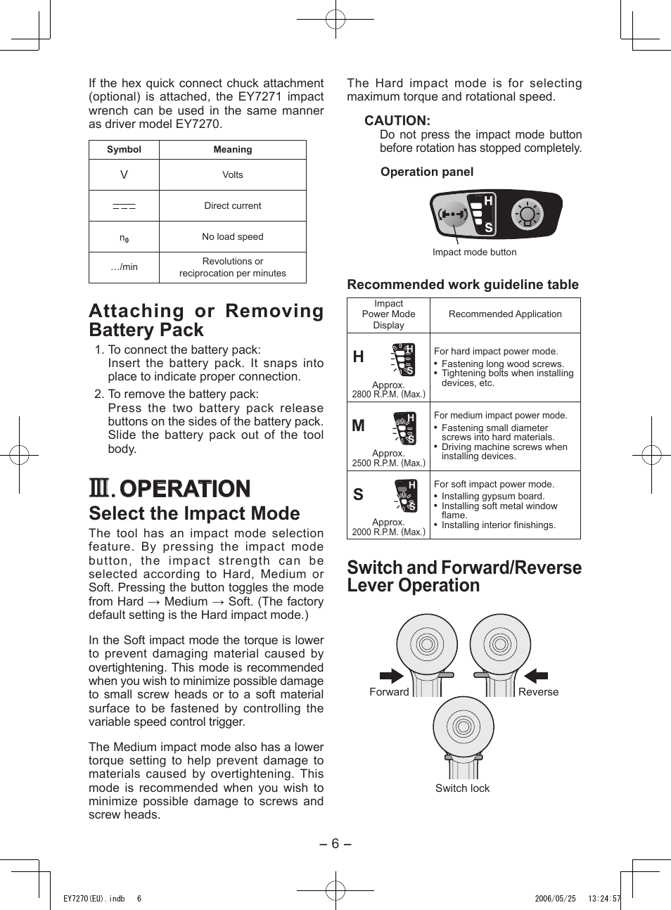 Operation, Attaching or removing battery pack, Select the impact mode | Switch and forward/reverse lever operation | Panasonic EY7270 User Manual | Page 6 / 120