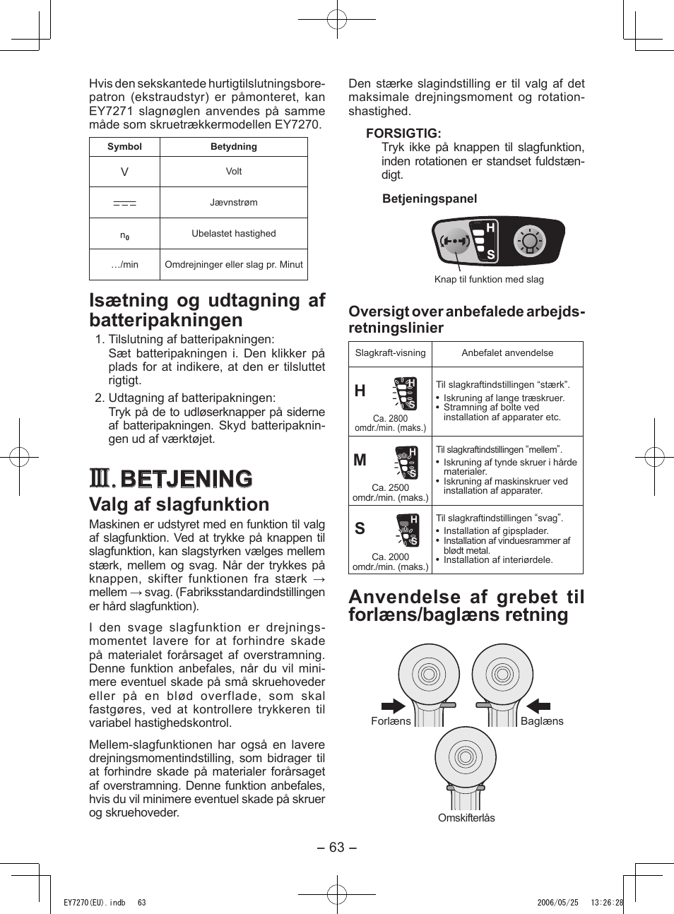 Betjening, Isætning og udtagning af batteripakningen, Valg af slagfunktion | Anvendelse af grebet til forlæns/baglæns retning, Oversigt over anbefalede arbejds- retningslinier | Panasonic EY7270 User Manual | Page 63 / 120