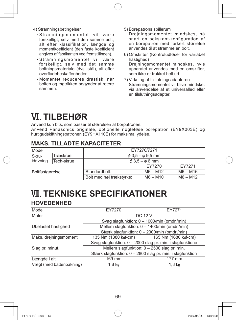 Tilbehør, Tekniske specifikationer, Maks. tilladte kapaciteter | Hovedenhed | Panasonic EY7270 User Manual | Page 69 / 120