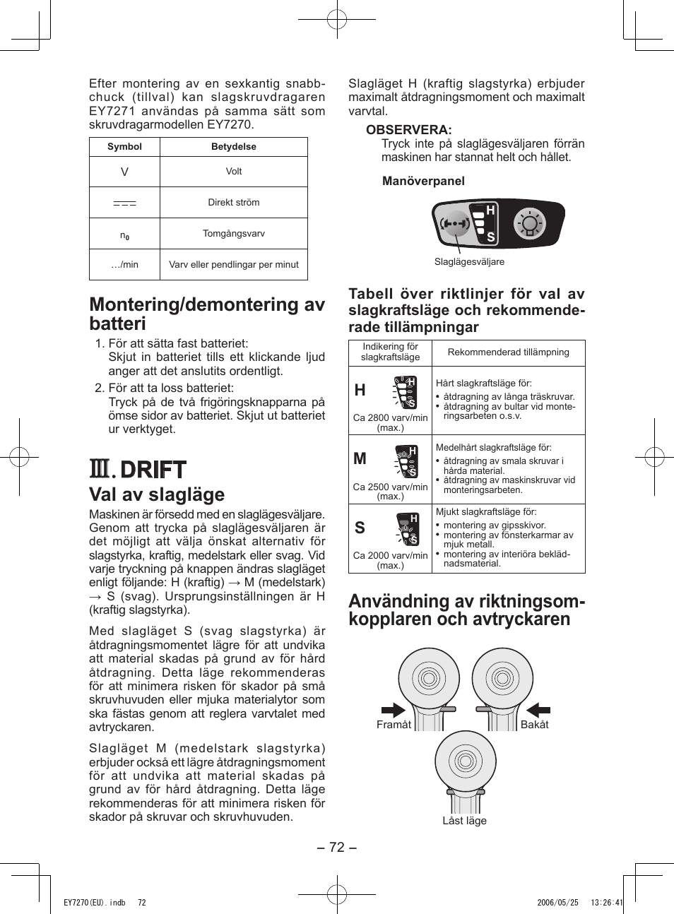 Drift, Montering/demontering av batteri, Val av slagläge | Panasonic EY7270 User Manual | Page 72 / 120