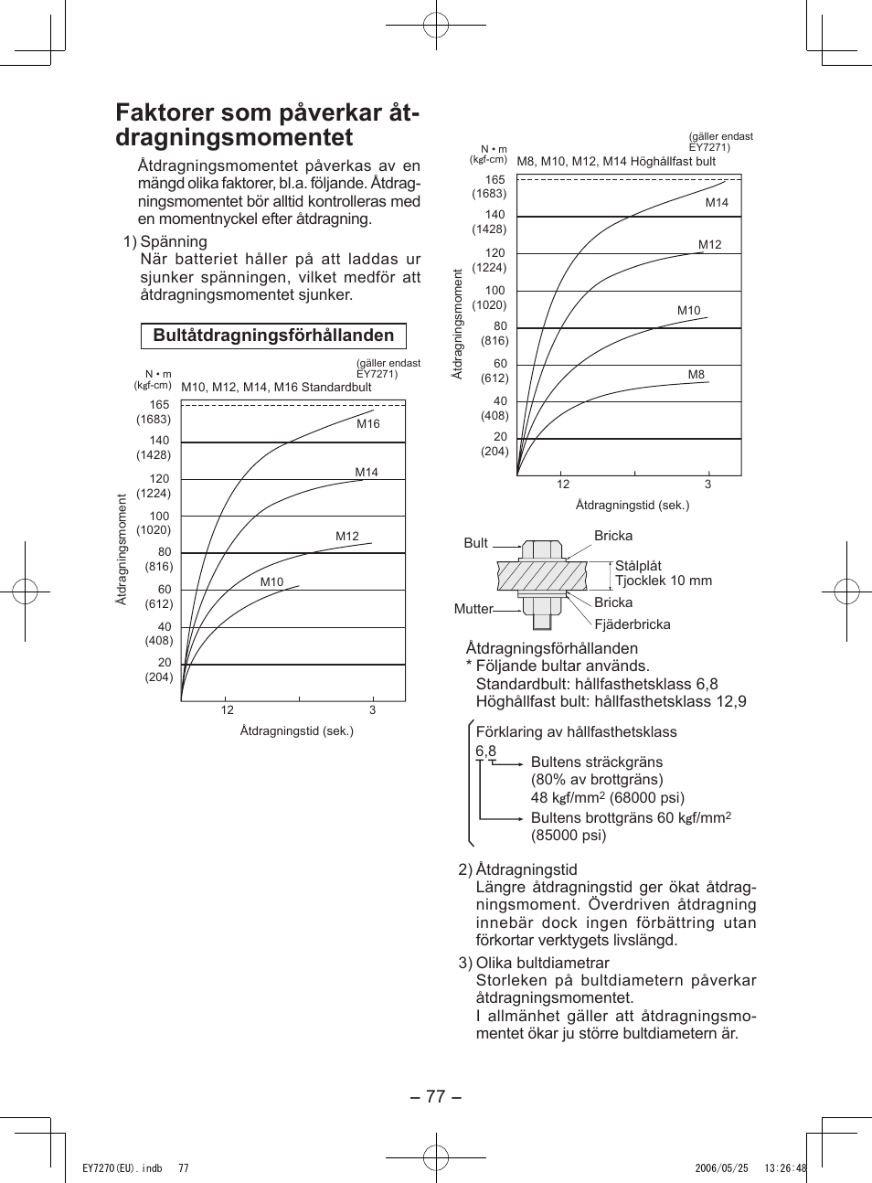 Faktorer som påverkar åt- dragningsmomentet, Bultåtdragningsförhållanden | Panasonic EY7270 User Manual | Page 77 / 120