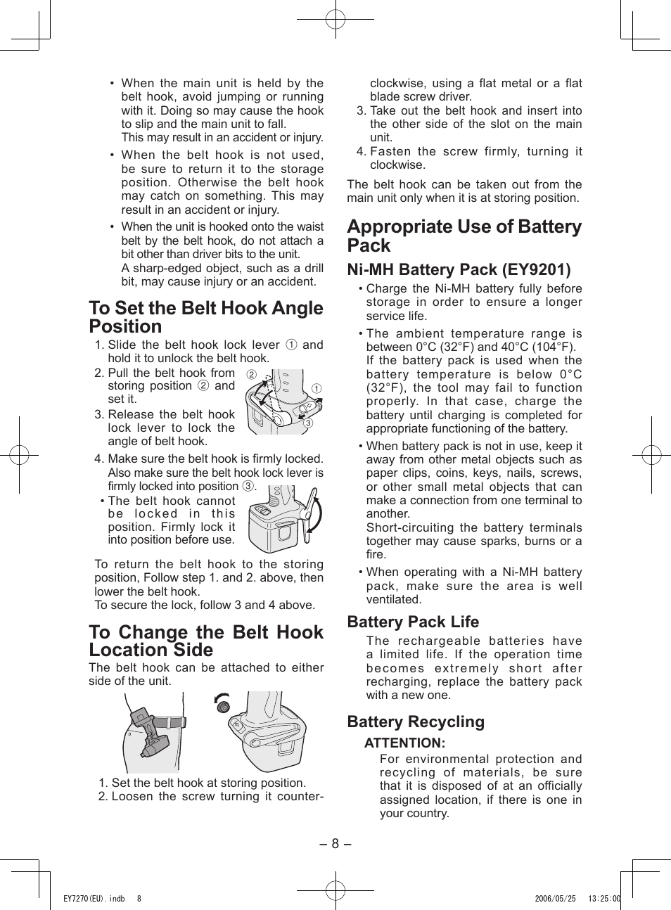 Appropriate use of battery pack, Ni-mh battery pack (ey9201), Battery pack life | Battery recycling | Panasonic EY7270 User Manual | Page 8 / 120