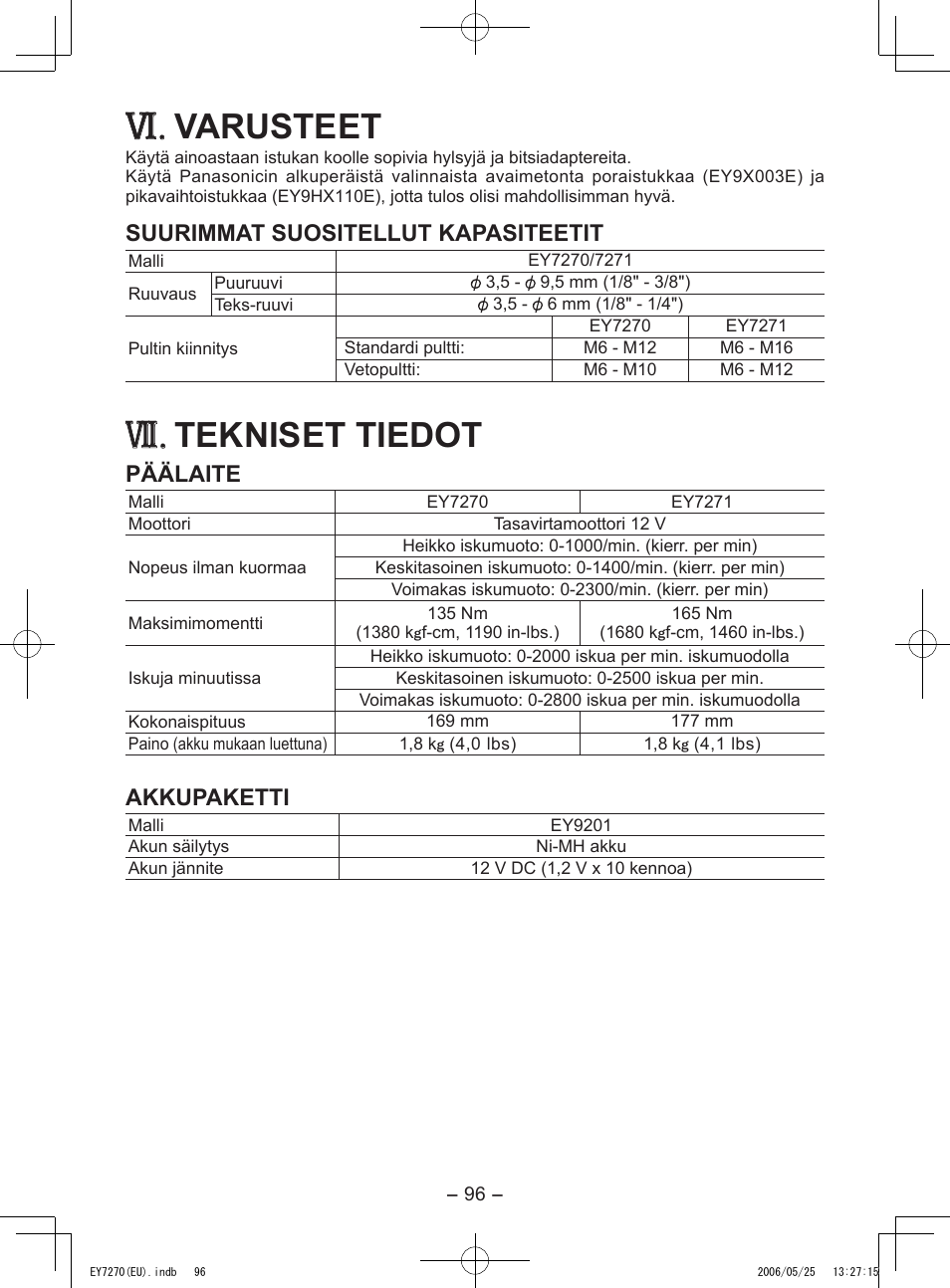 Varusteet, Tekniset tiedot, Suurimmat suositellut kapasiteetit | Päälaite, Akkupaketti | Panasonic EY7270 User Manual | Page 96 / 120