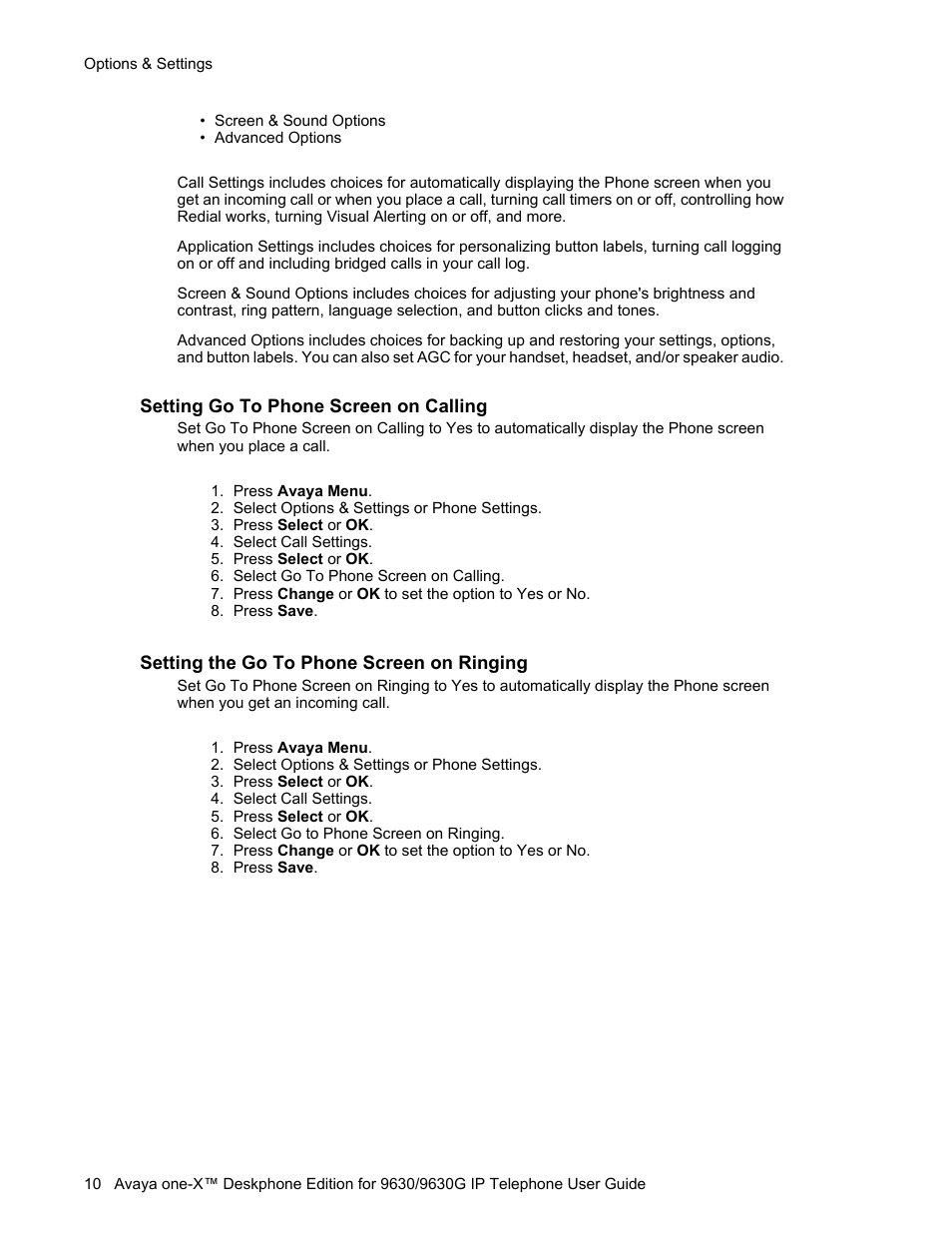 Setting go to phone screen on calling, Setting the go to phone screen on ringing | Avaya one-X User Manual | Page 10 / 26