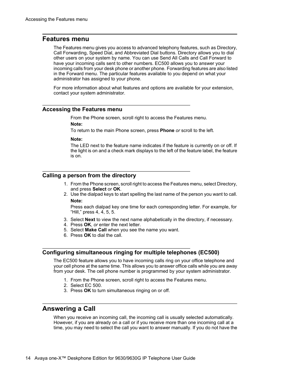 Features menu, Accessing the features menu, Calling a person from the directory | Answering a call | Avaya one-X User Manual | Page 14 / 26