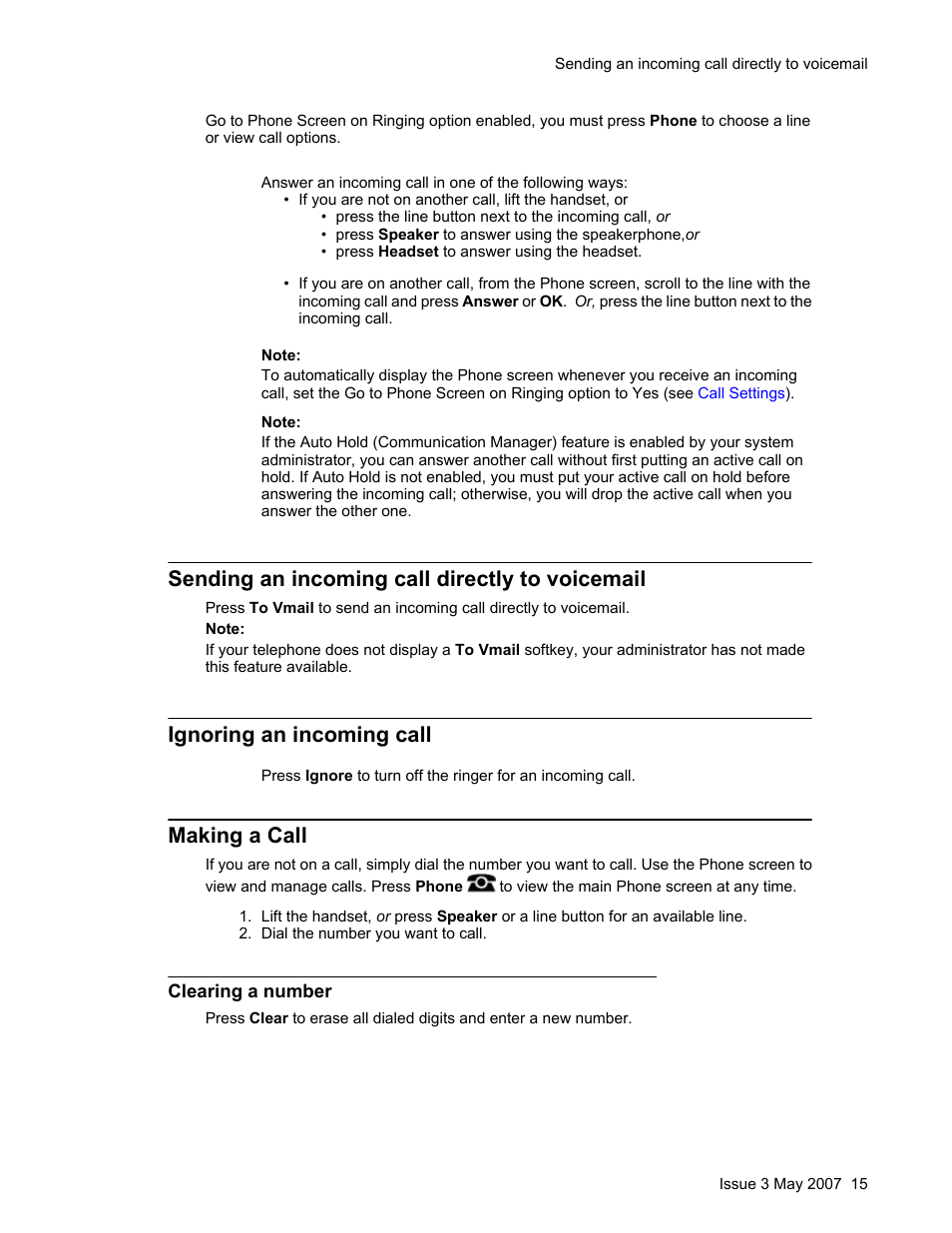 Sending an incoming call directly to voicemail, Ignoring an incoming call, Making a call | Clearing a number, Clearing a number redialing a number | Avaya one-X User Manual | Page 15 / 26