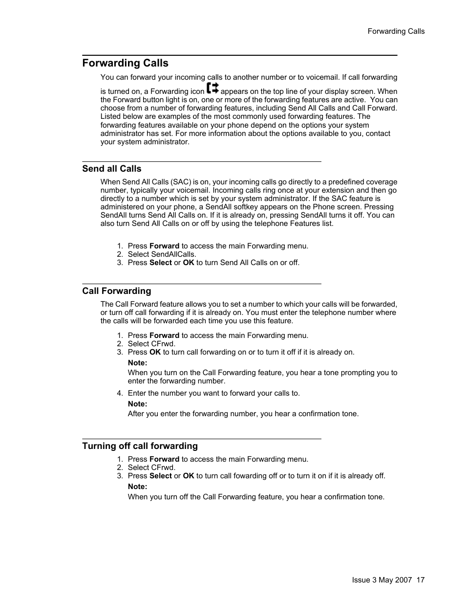 Forwarding calls, Send all calls, Call forwarding | Turning off call forwarding, Conference calls | Avaya one-X User Manual | Page 17 / 26