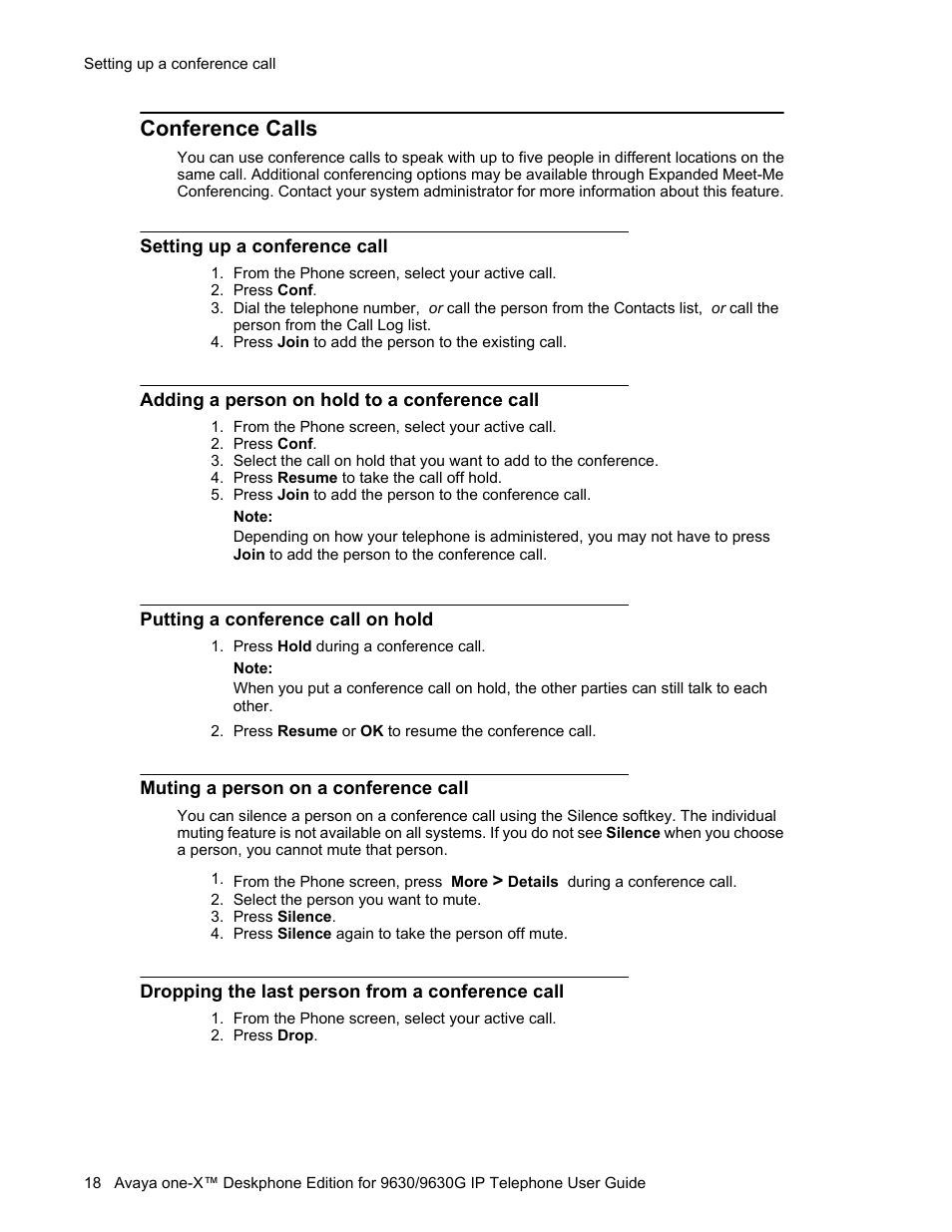 Conference calls, Setting up a conference call, Adding a person on hold to a conference call | Putting a conference call on hold, Muting a person on a conference call, Dropping the last person from a conference call | Avaya one-X User Manual | Page 18 / 26