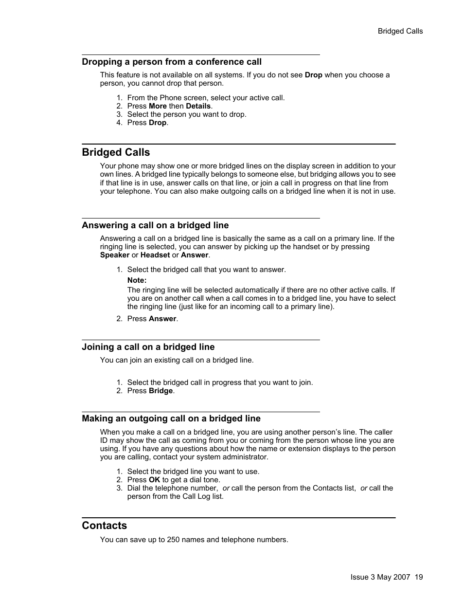 Dropping a person from a conference call, Bridged calls, Answering a call on a bridged line | Joining a call on a bridged line, Making an outgoing call on a bridged line, Contacts | Avaya one-X User Manual | Page 19 / 26