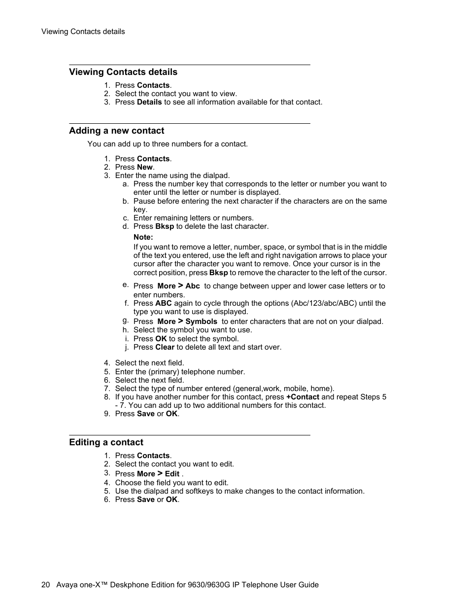 Viewing contacts details, Adding a new contact, Editing a contact | Avaya one-X User Manual | Page 20 / 26