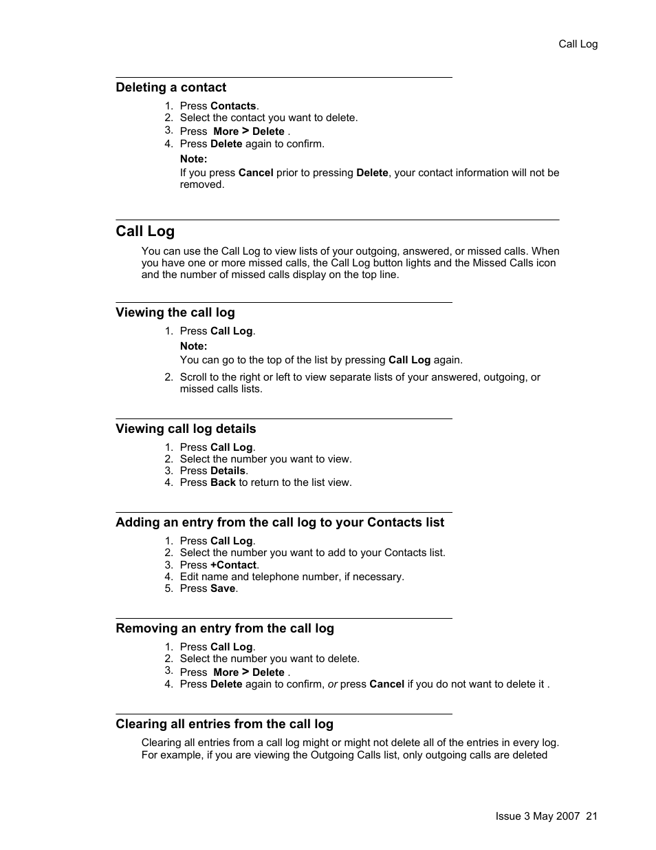 Deleting a contact, Call log, Viewing the call log | Viewing call log details, Removing an entry from the call log, Clearing all entries from the call log | Avaya one-X User Manual | Page 21 / 26