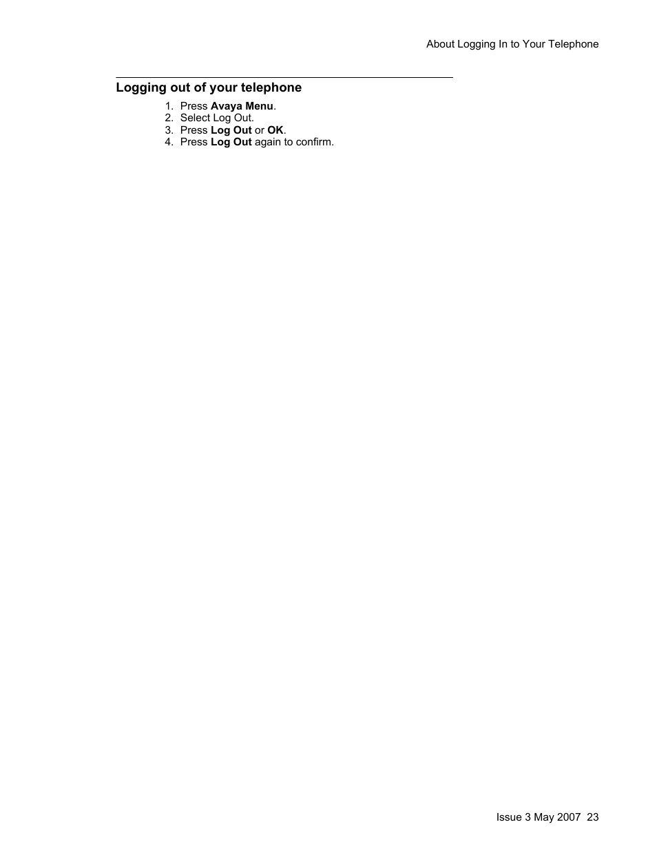 Logging out of your telephone | Avaya one-X User Manual | Page 23 / 26