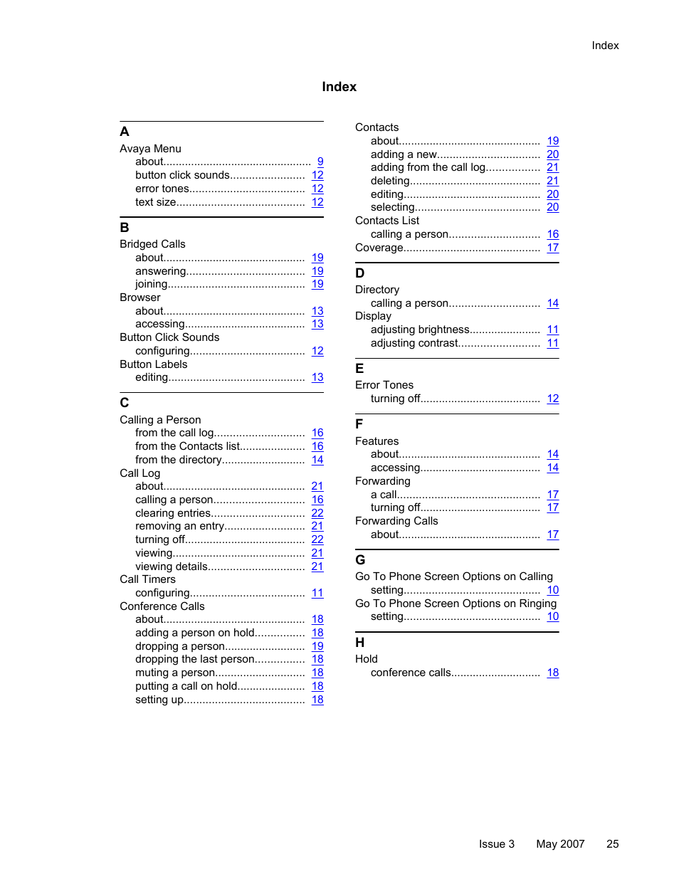 Index | Avaya one-X User Manual | Page 25 / 26