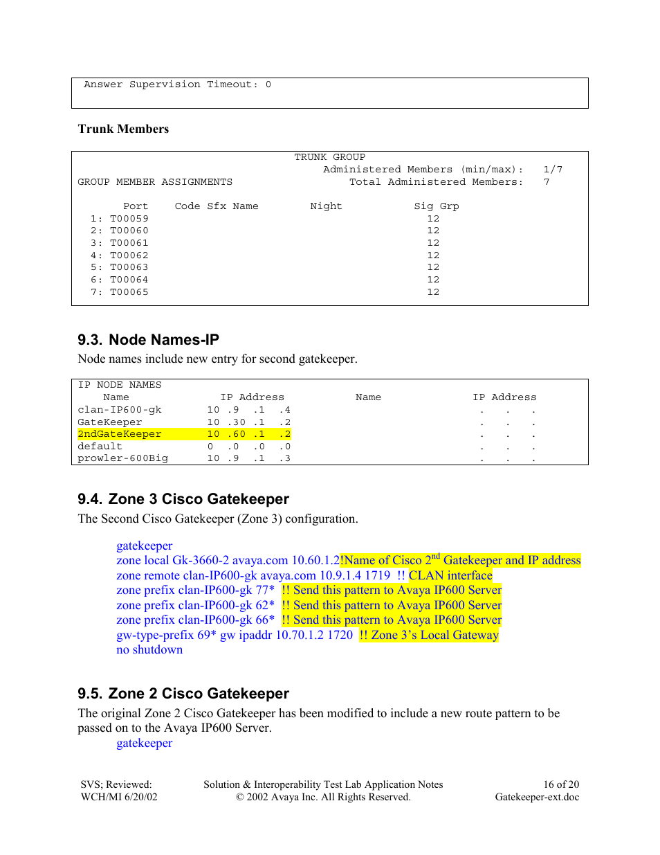 Node names-ip, Zone 3 cisco gatekeeper, Zone 2 cisco gatekeeper | Avaya IP600 User Manual | Page 16 / 20