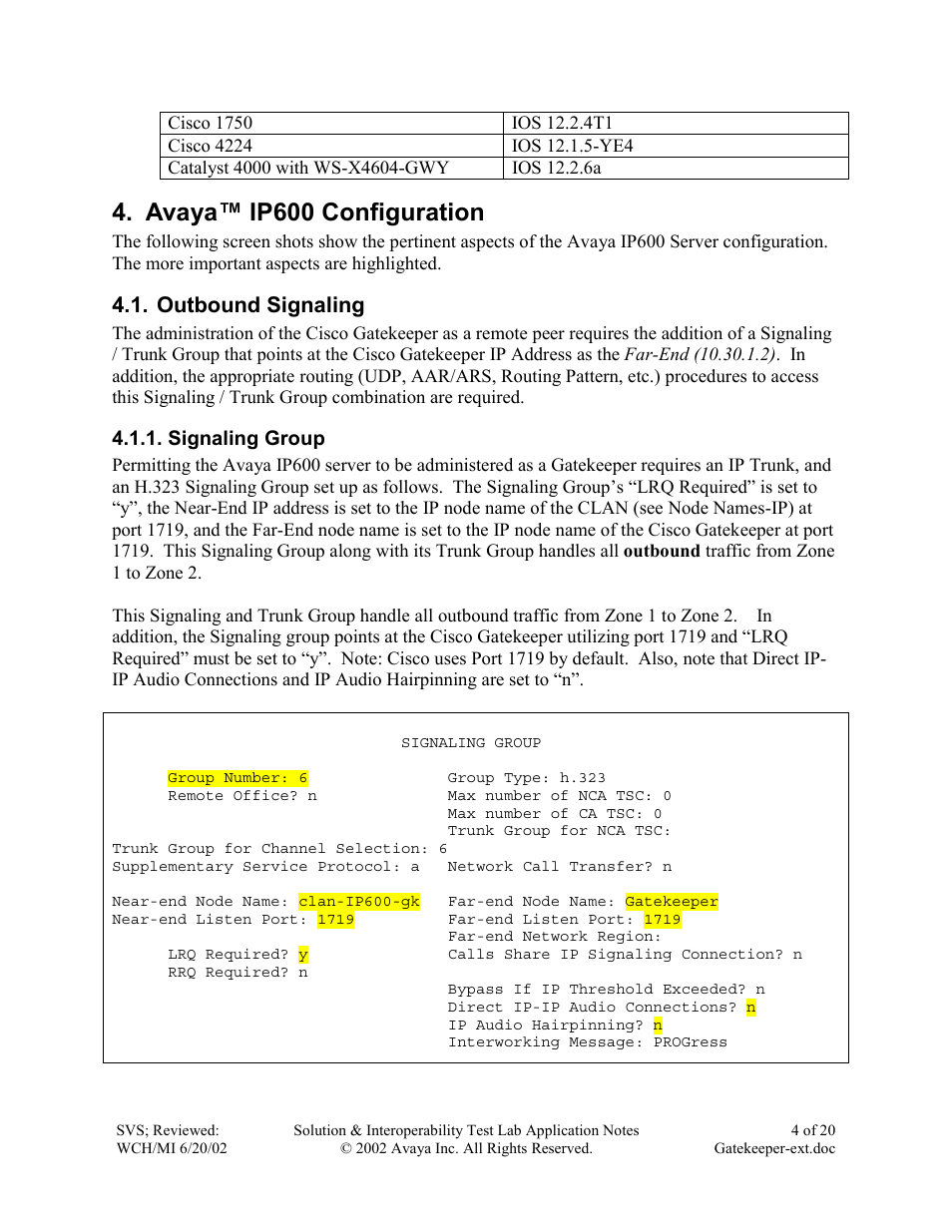Avaya™ ip600 configuration, Outbound signaling, Signaling group | Avaya IP600 User Manual | Page 4 / 20