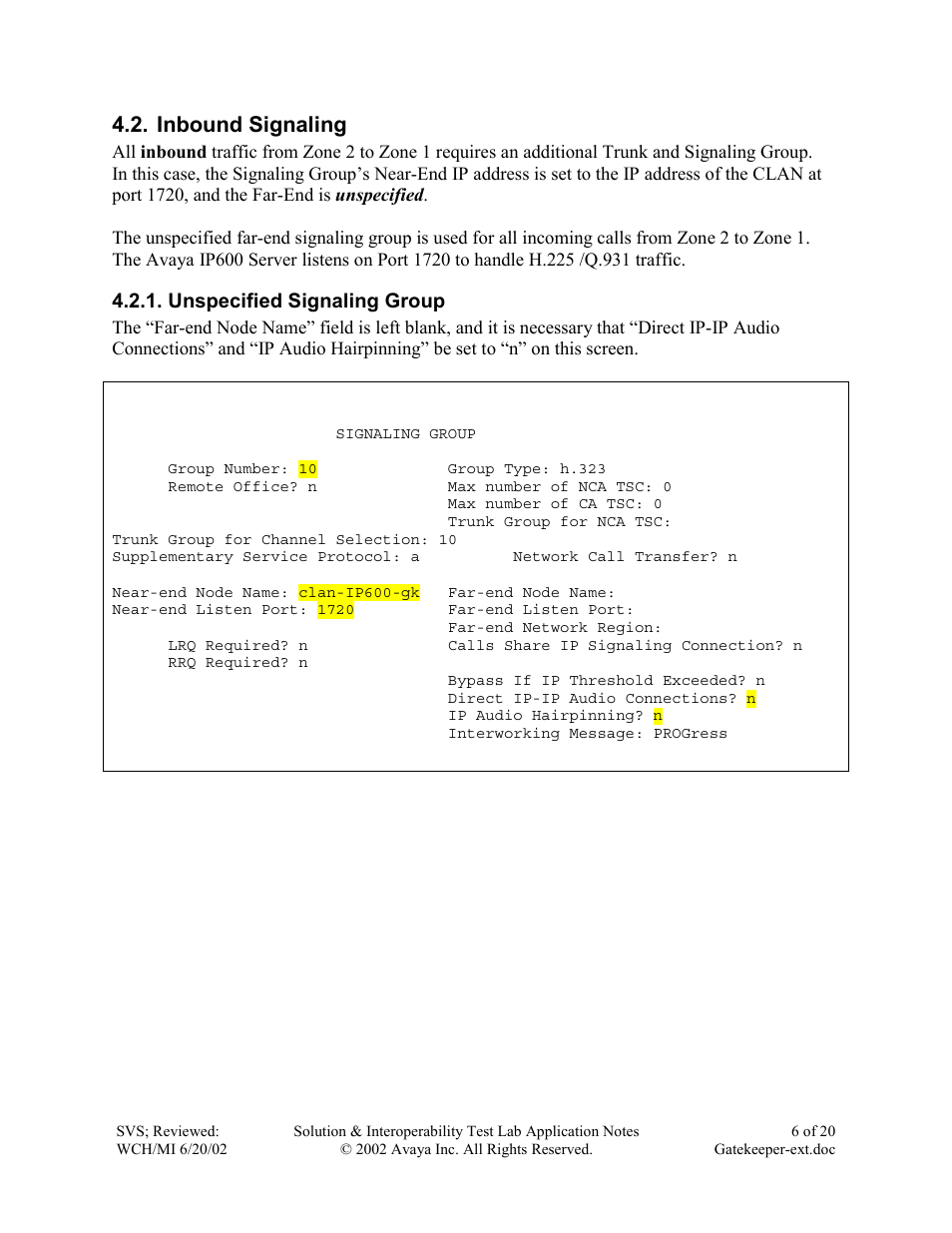 Inbound signaling, Unspecified signaling group | Avaya IP600 User Manual | Page 6 / 20