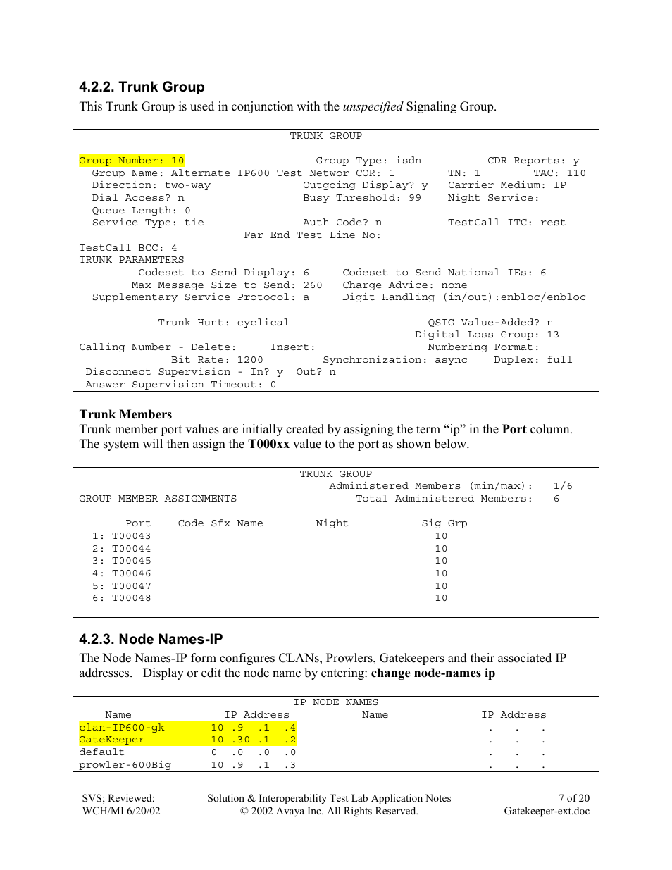 Trunk group, Node names-ip | Avaya IP600 User Manual | Page 7 / 20