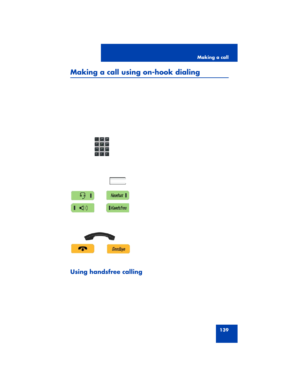 Making a call using on-hook dialing, Using handsfree calling | Avaya NN43170-100 User Manual | Page 139 / 378